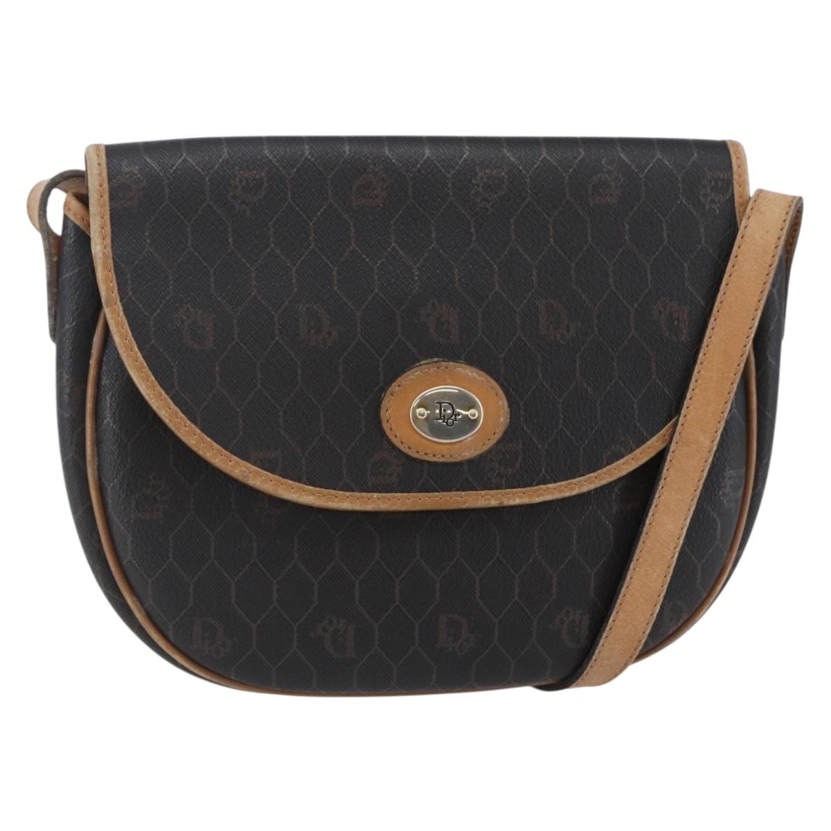 Christian Dior Honeycomb Canvas Shoulder Bag PVC Leather Black Auth BA6822