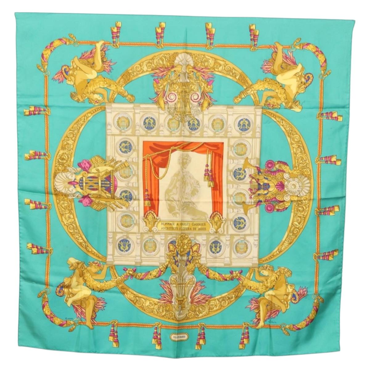 HERMES Carre 90 Scarf ""HOMMAGE A CHARLES GARNIER"" Silk Green Auth BA6851