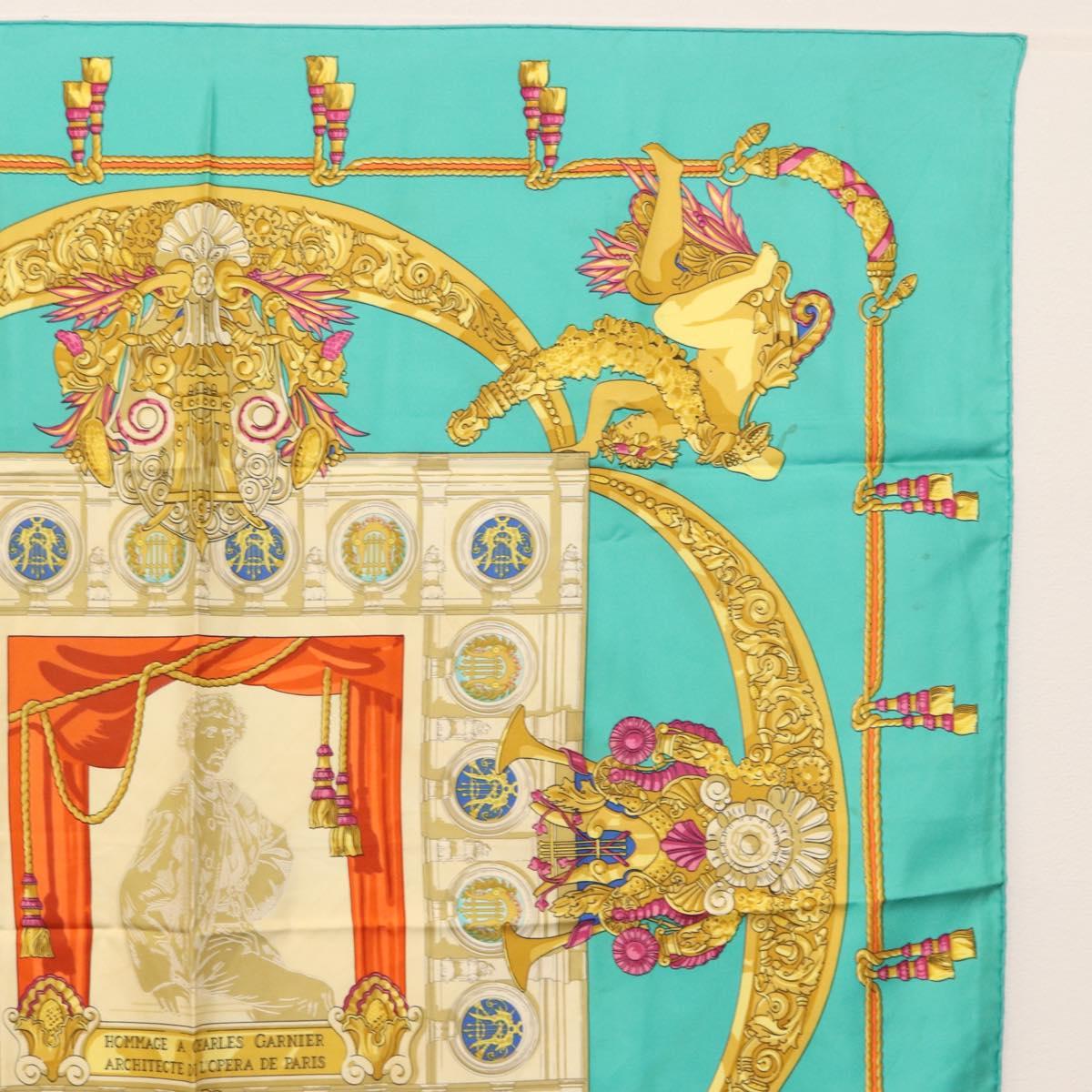 HERMES Carre 90 Scarf ""HOMMAGE A CHARLES GARNIER"" Silk Green Auth BA6851