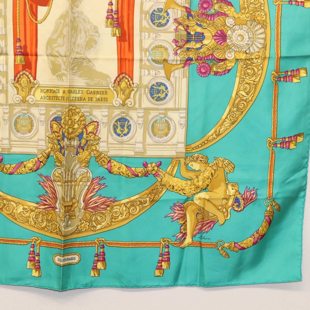 HERMES Carre 90 Scarf ""HOMMAGE A CHARLES GARNIER"" Silk Green Auth BA6851