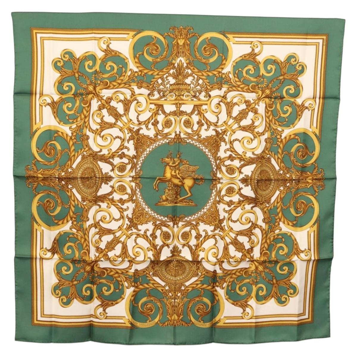 HERMES Carre 90 Scarf ""LES TUILERIES"" Silk Green Auth BA6854