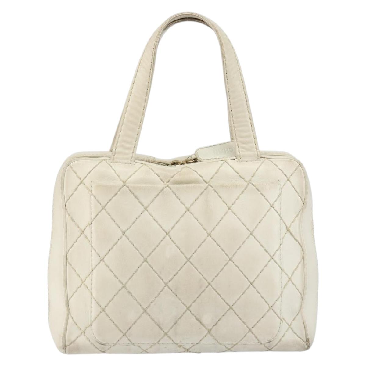 CHANEL Wild Stitch Hand Bag Leather White Gold CC Auth BA6858