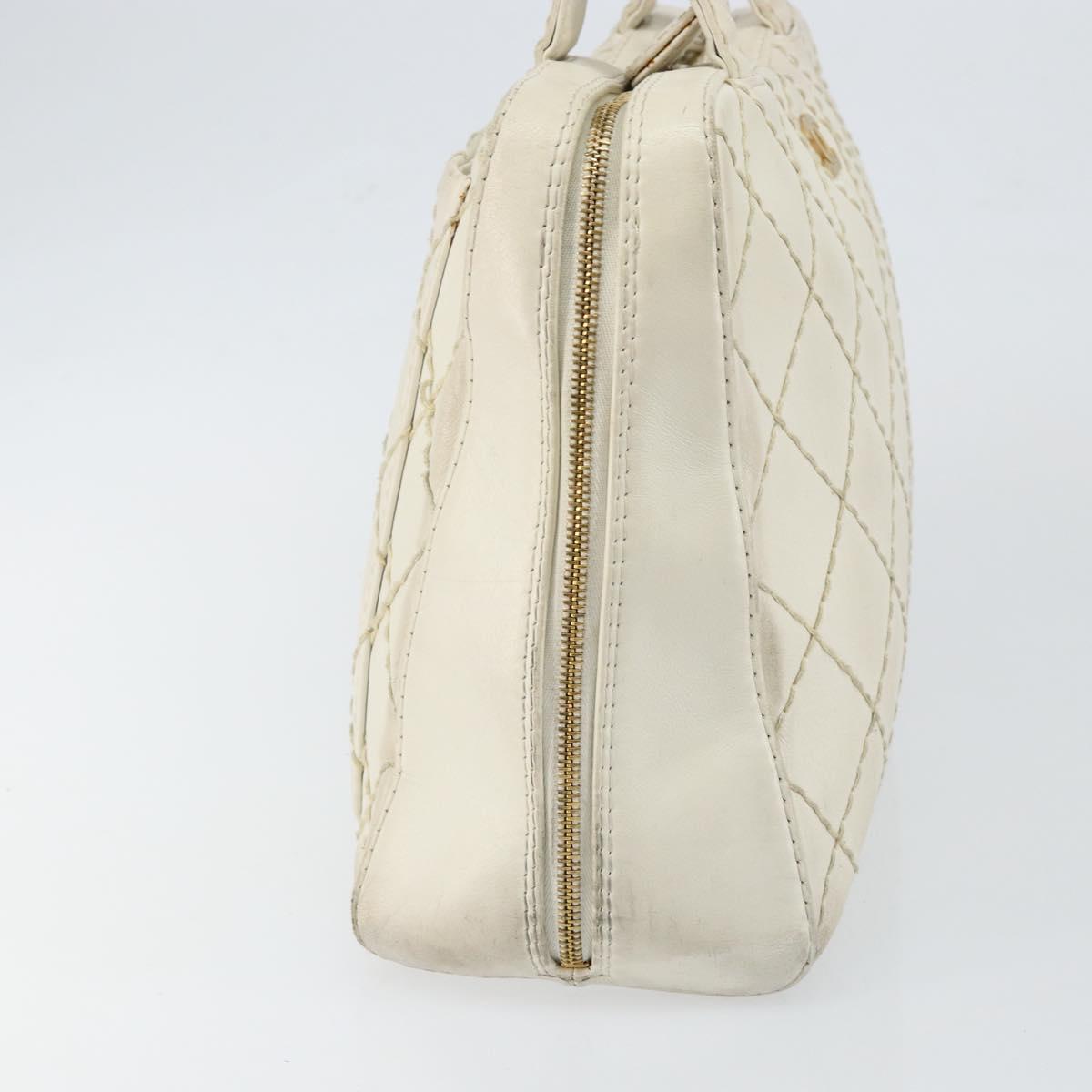 CHANEL Wild Stitch Hand Bag Leather White Gold CC Auth BA6858