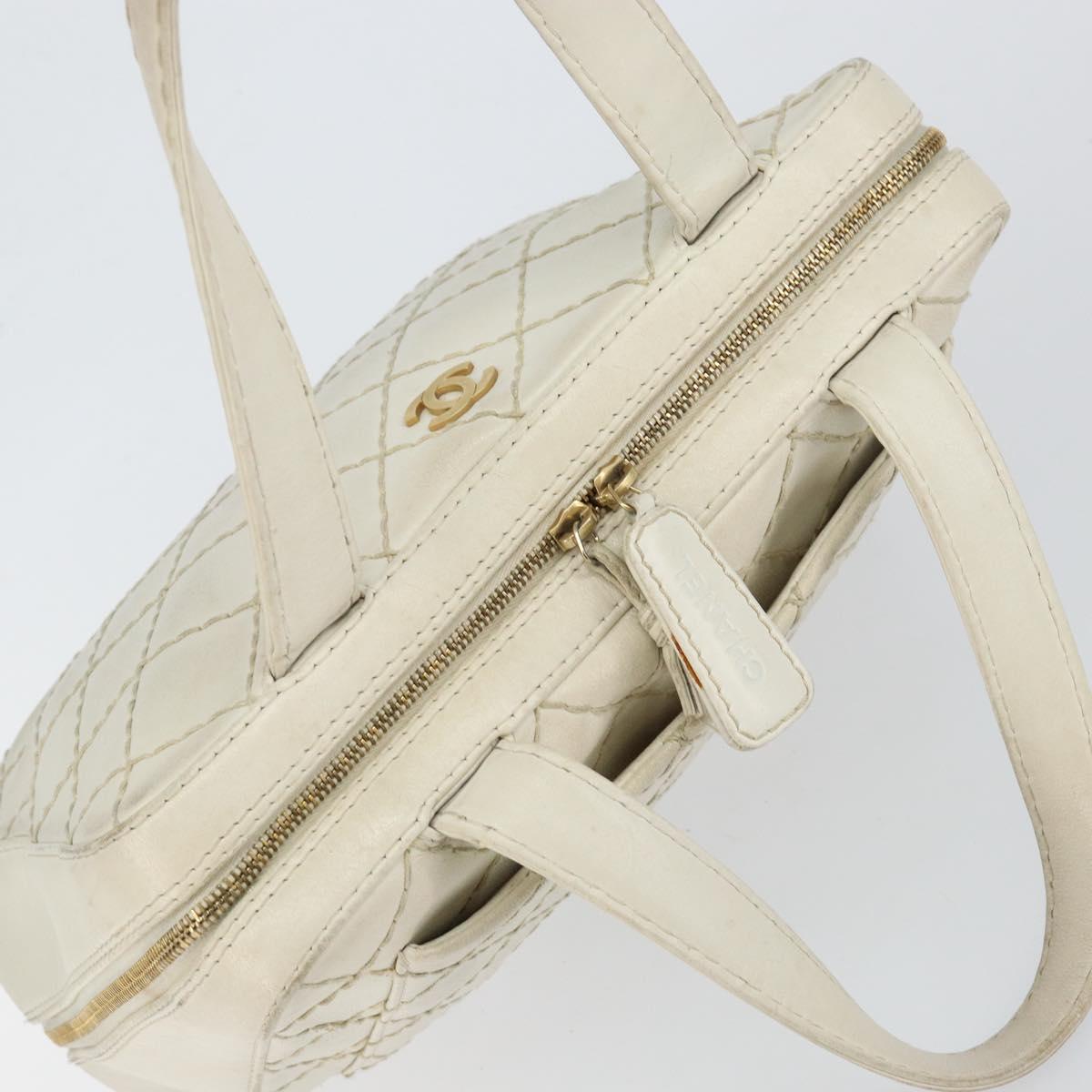 CHANEL Wild Stitch Hand Bag Leather White Gold CC Auth BA6858
