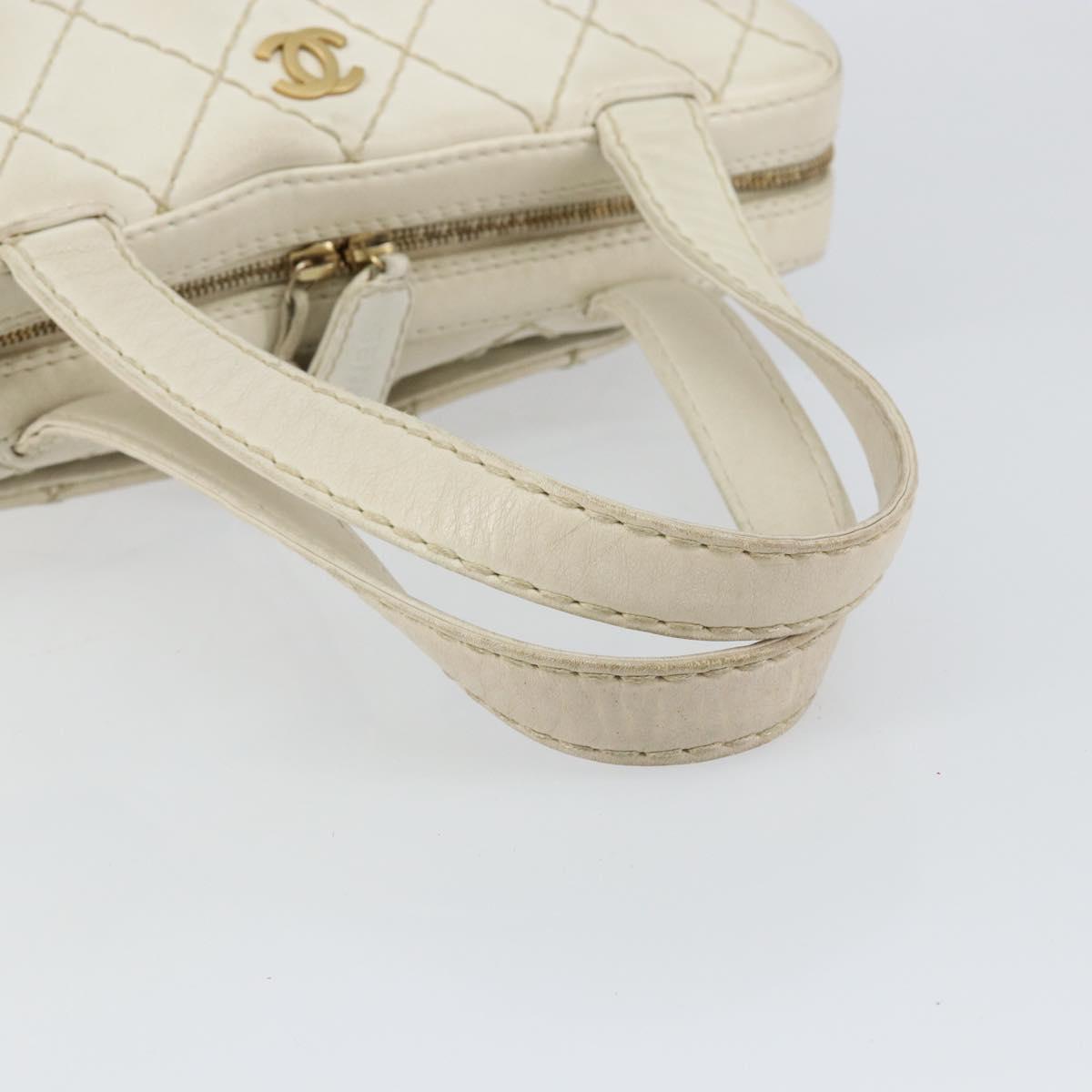 CHANEL Wild Stitch Hand Bag Leather White Gold CC Auth BA6858