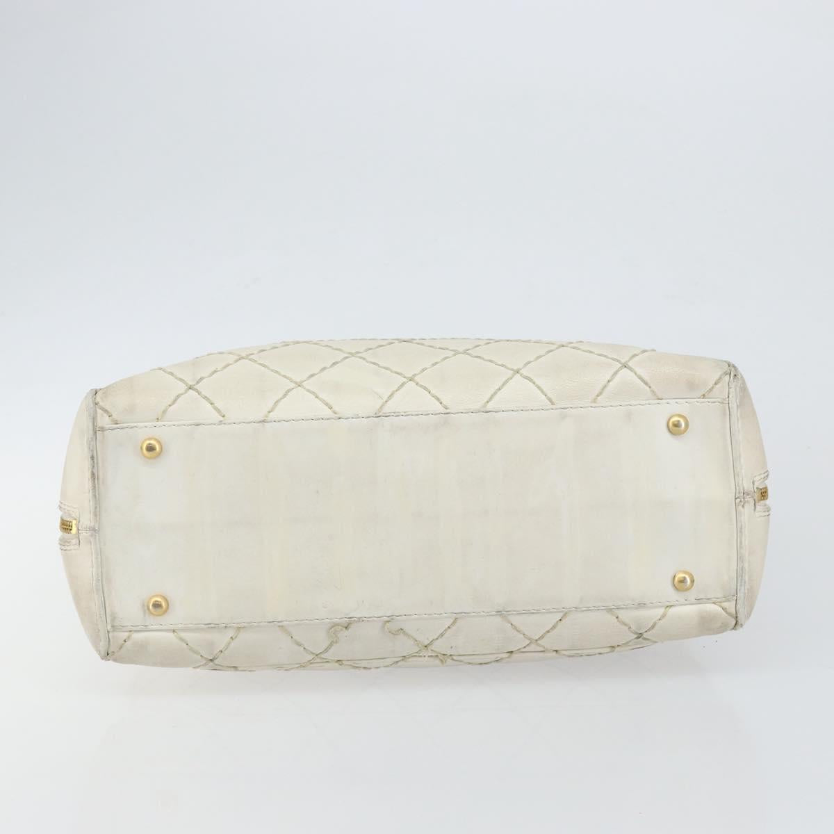 CHANEL Wild Stitch Hand Bag Leather White Gold CC Auth BA6858
