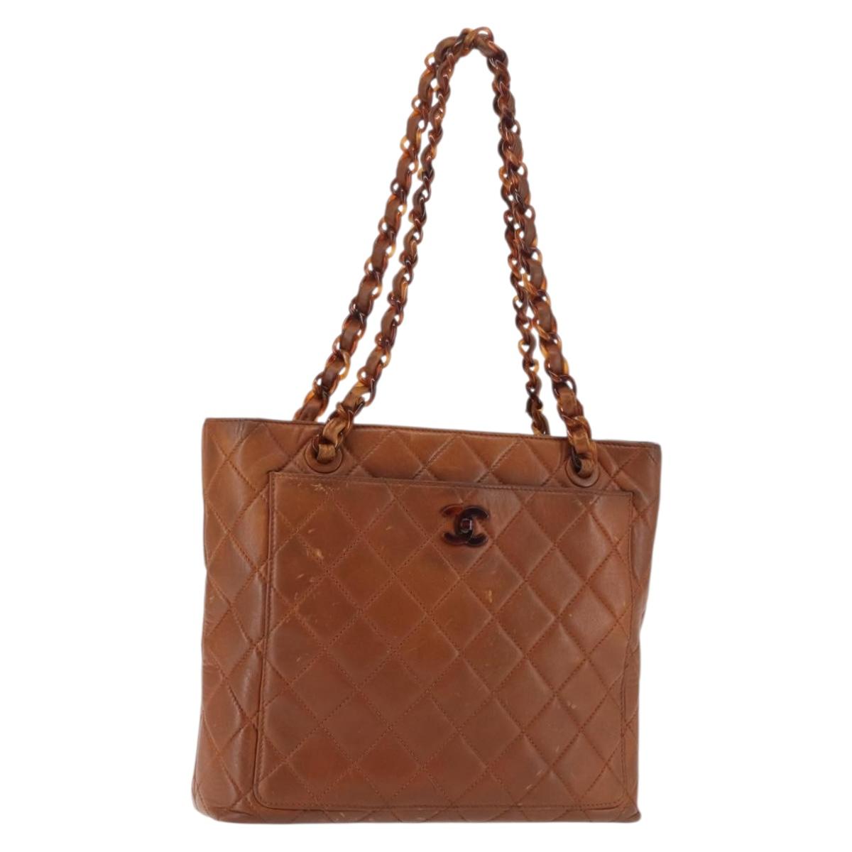 CHANEL Matelasse Chain Shoulder Bag Lamb Skin Brown Gold CC Auth BA6859