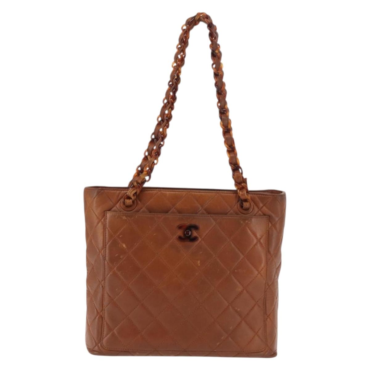 CHANEL Matelasse Chain Shoulder Bag Lamb Skin Brown Gold CC Auth BA6859