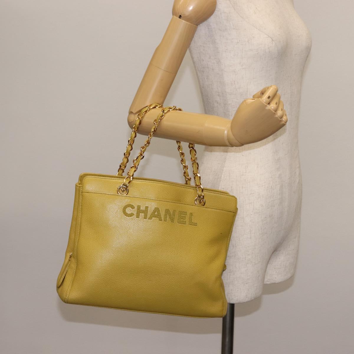 CHANEL Chain Hand Bag Caviar Skin Yellow Gold CC Auth BA6862