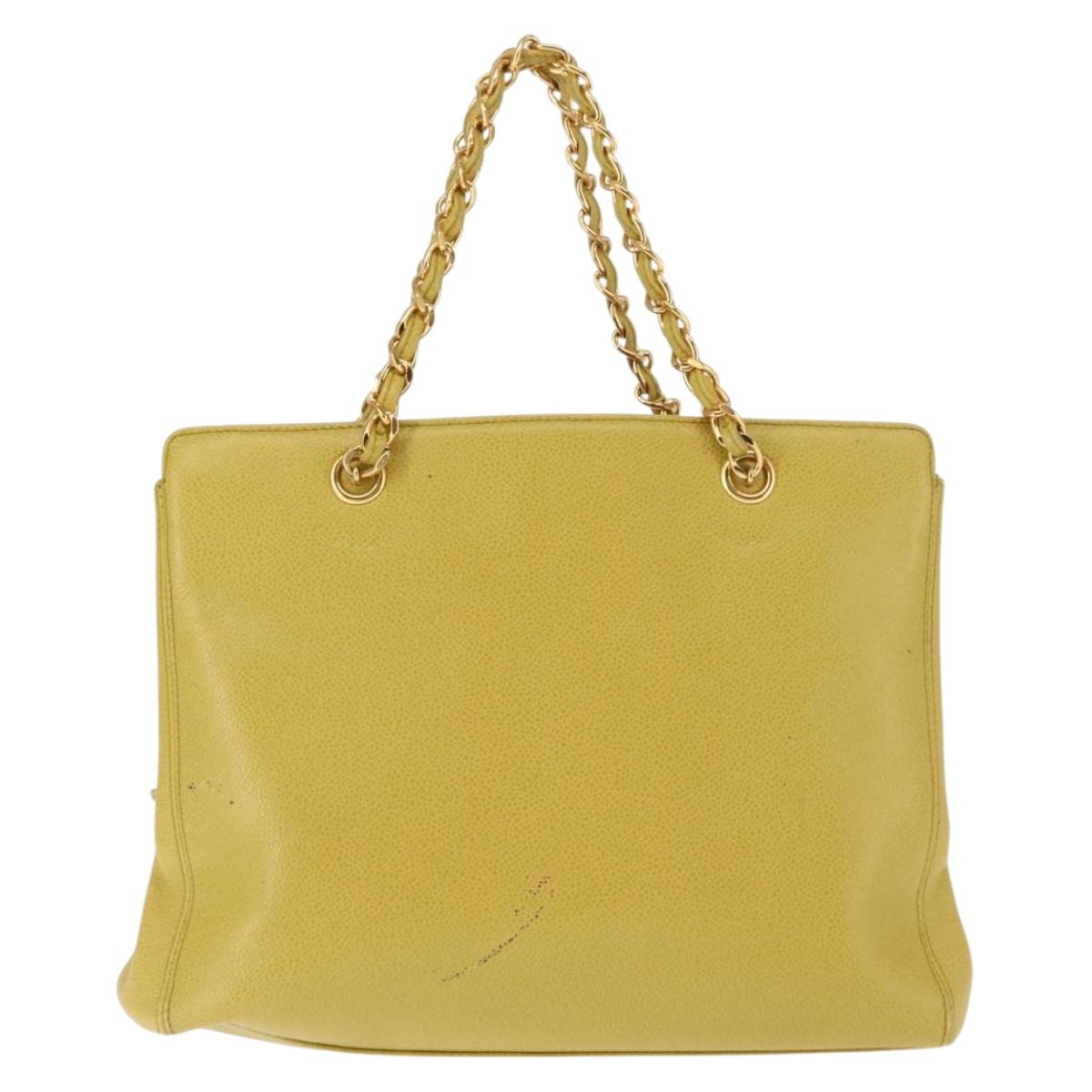 CHANEL Chain Hand Bag Caviar Skin Yellow Gold CC Auth BA6862