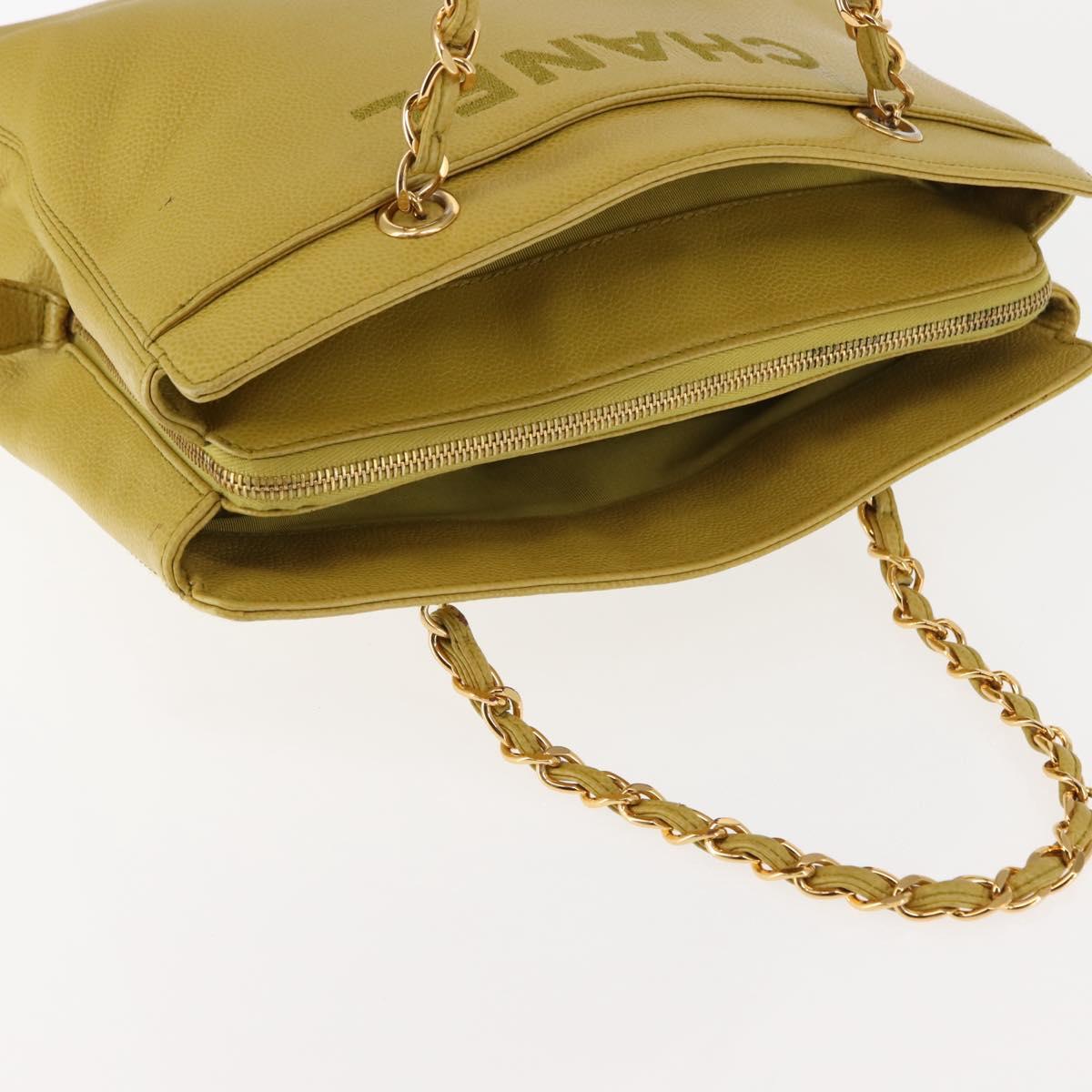 CHANEL Chain Hand Bag Caviar Skin Yellow Gold CC Auth BA6862