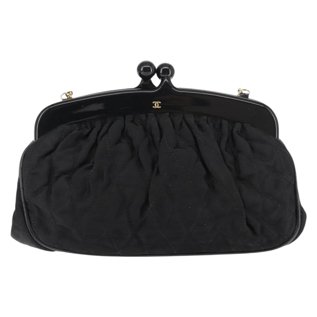 CHANEL Matelasse Chain Shoulder Bag Satin Black Gold CC Auth BA6866