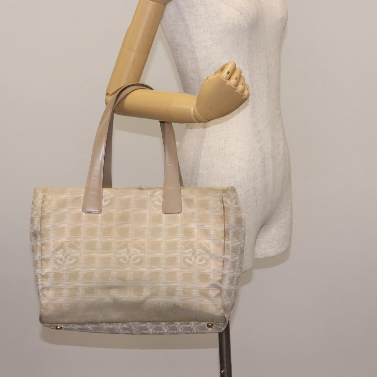CHANEL New Travel Line Tote Bag Nylon Beige Gold CC Auth BA6872