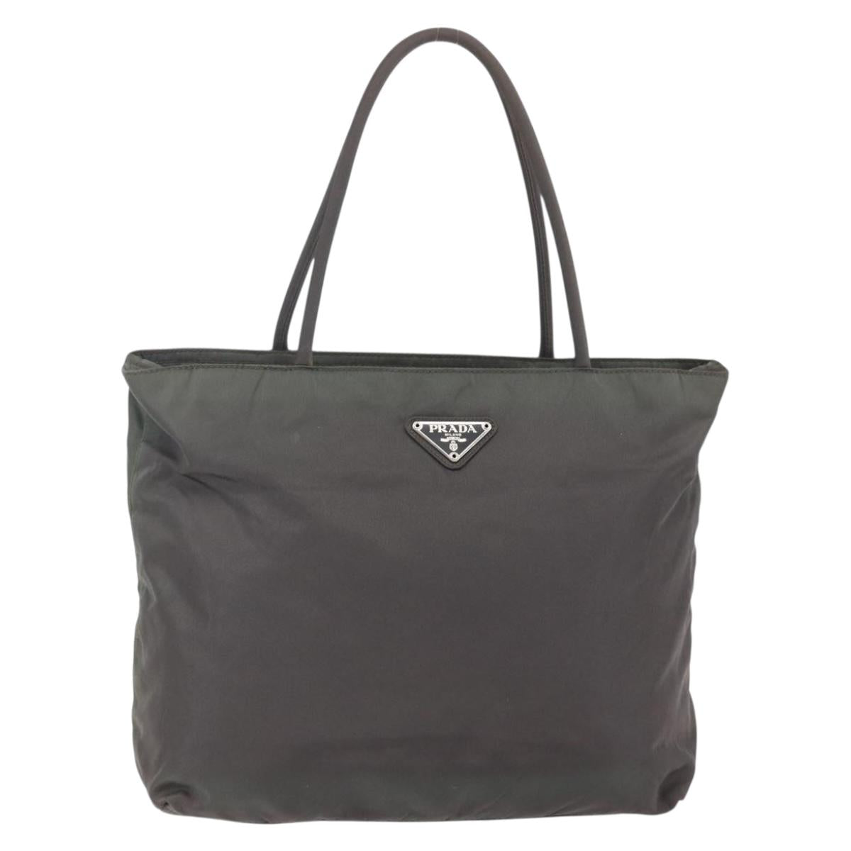 PRADA Tote Bag Nylon Khaki Silver Auth BA6877