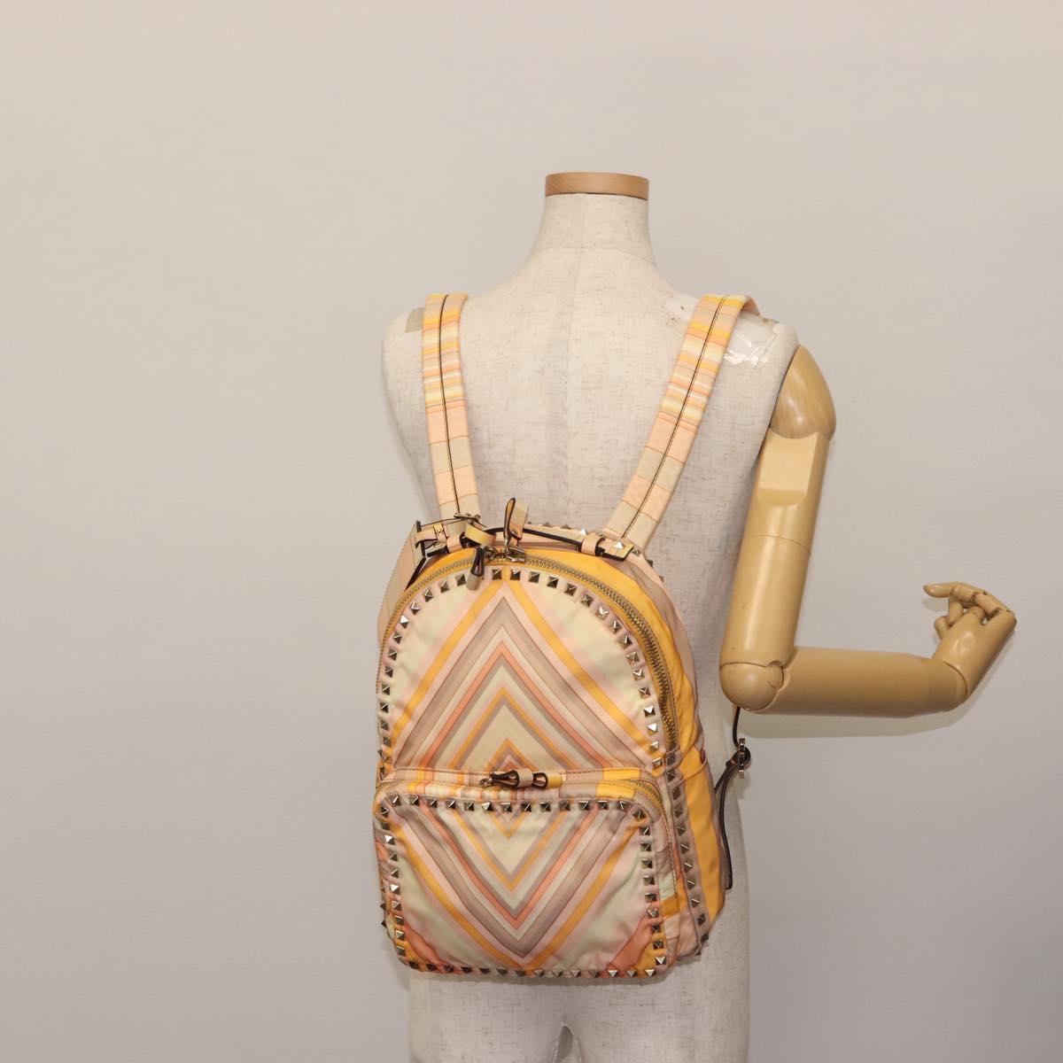 VALENTINO Studs Backpack Nylon Leather Beige Orange Auth BA6887