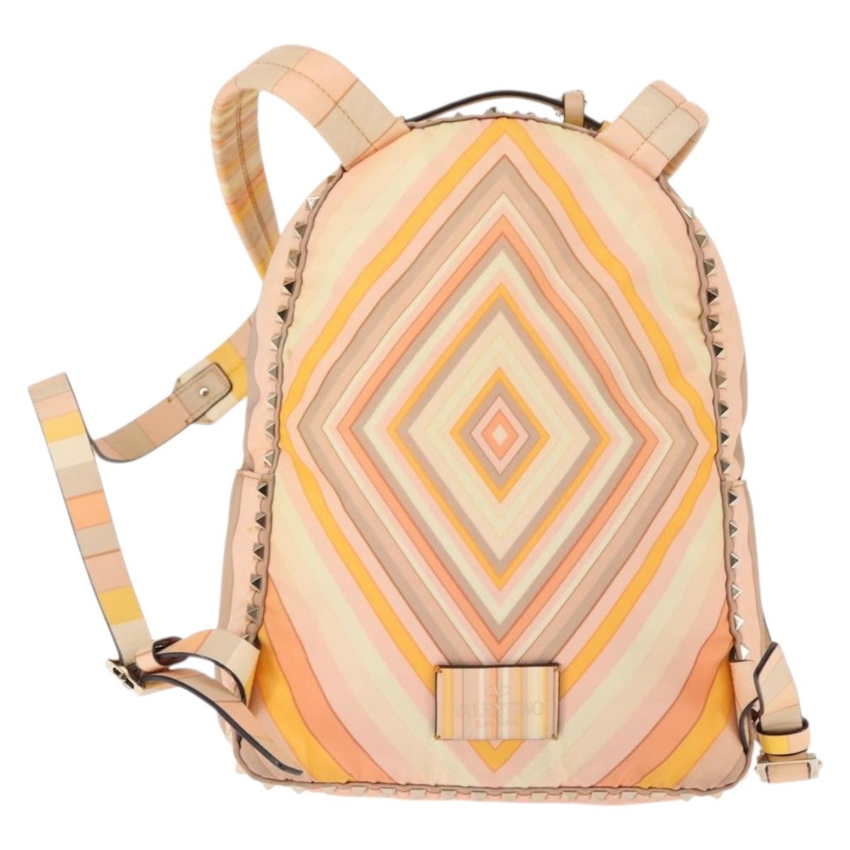 VALENTINO Studs Backpack Nylon Leather Beige Orange Auth BA6887