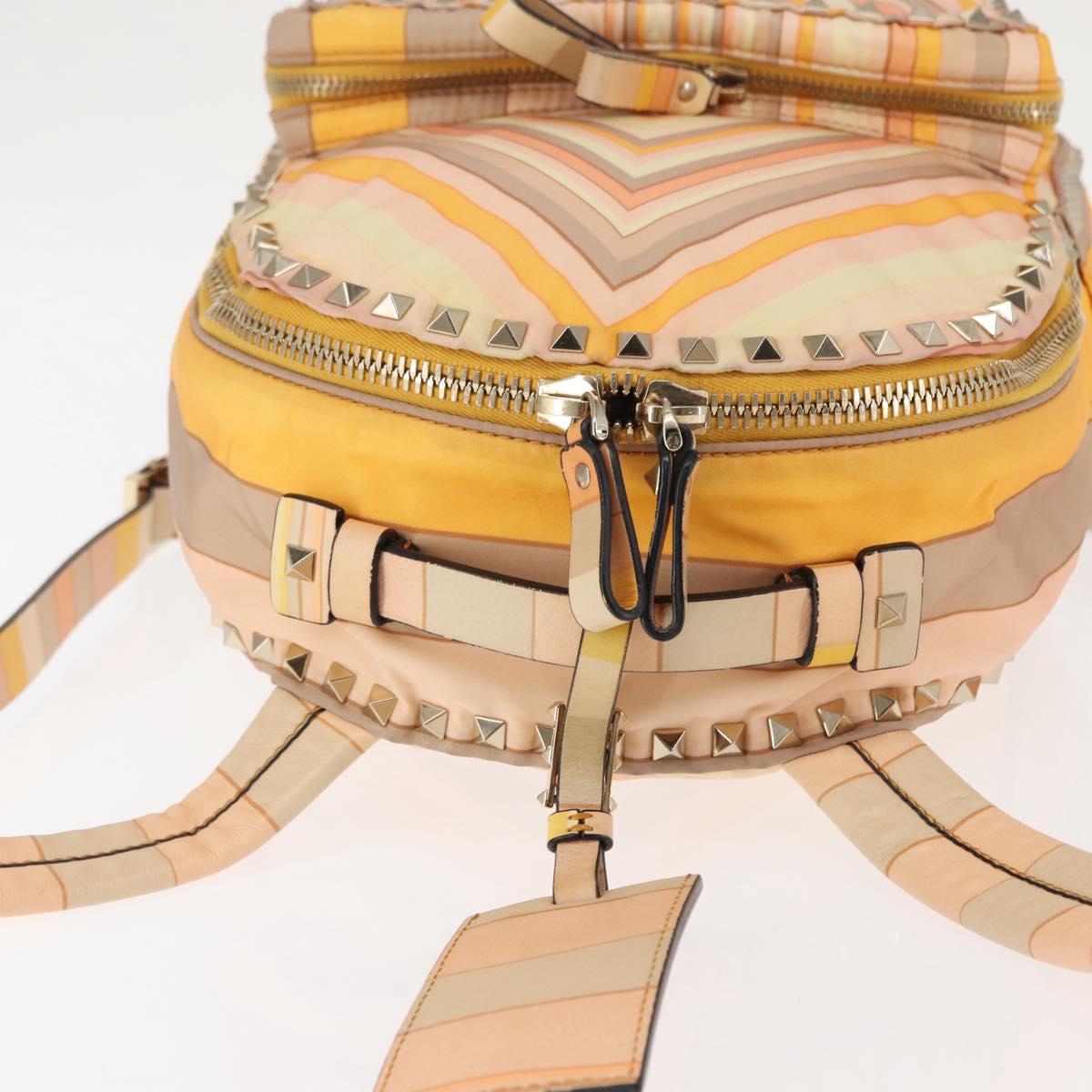 VALENTINO Studs Backpack Nylon Leather Beige Orange Auth BA6887
