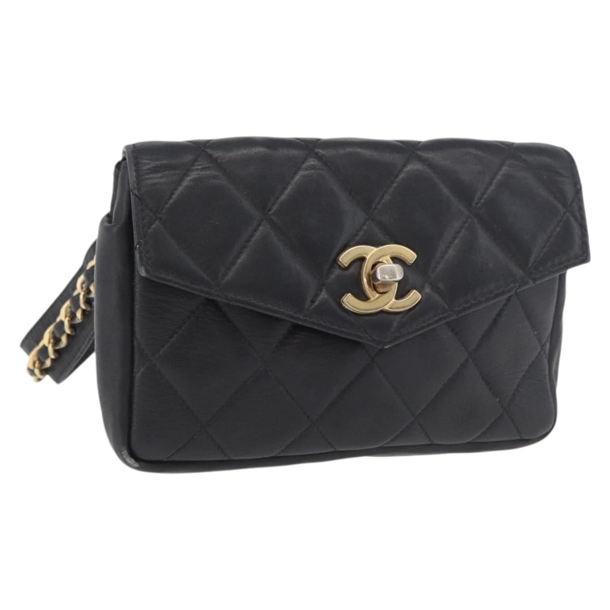 CHANEL Matelasse Waist Bag Lamb Skin Black Gold CC Auth BA6907