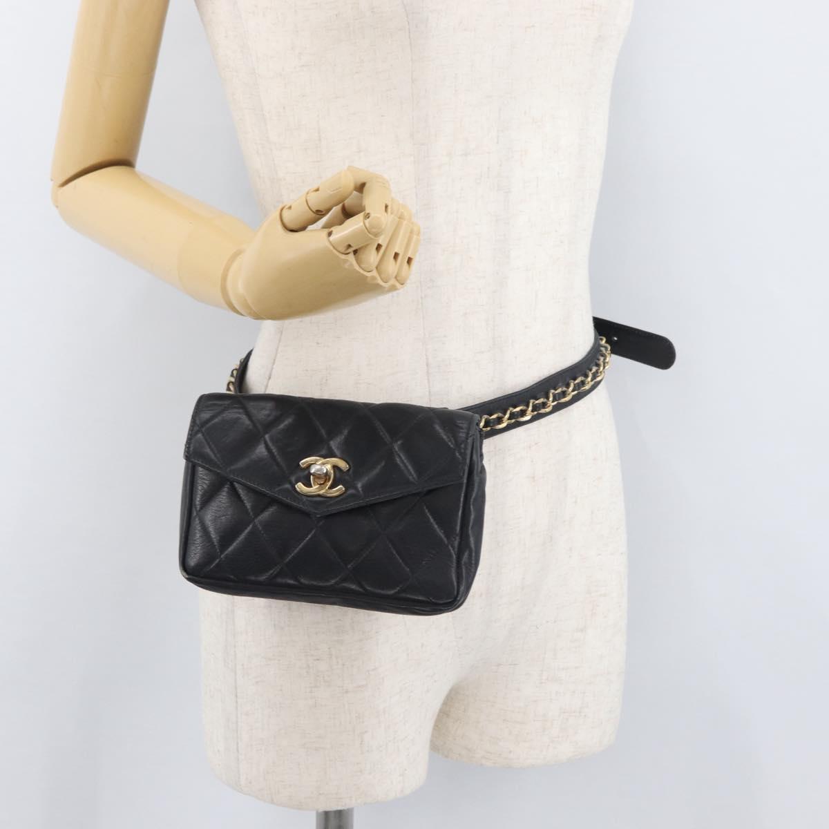 CHANEL Matelasse Waist Bag Lamb Skin Black Gold CC Auth BA6907