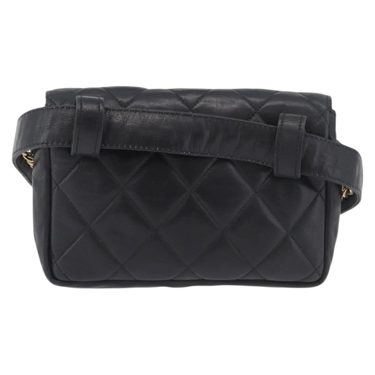 CHANEL Matelasse Waist Bag Lamb Skin Black Gold CC Auth BA6907