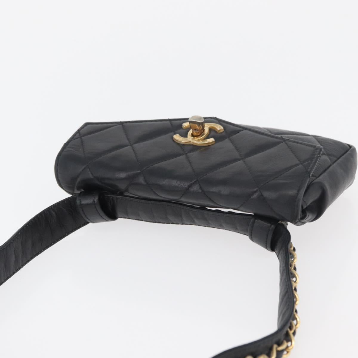 CHANEL Matelasse Waist Bag Lamb Skin Black Gold CC Auth BA6907