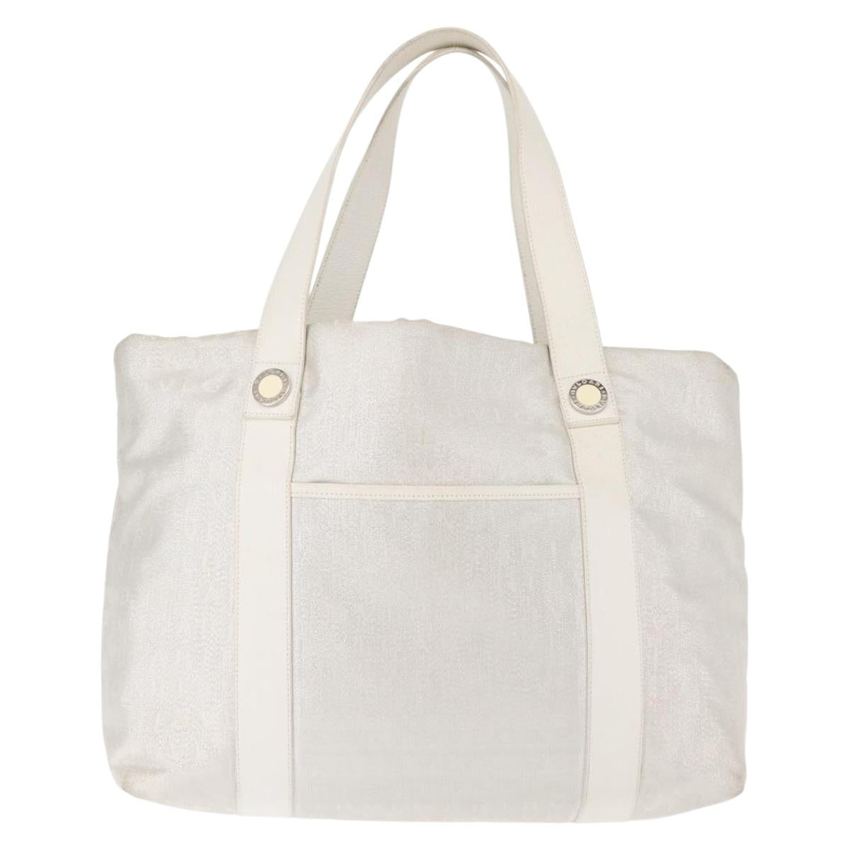 BVLGARI Logo mania Tote Bag Canvas Silver White Auth BA6909