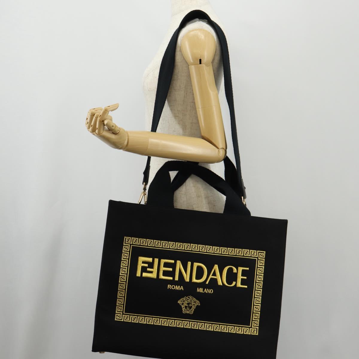 FENDI VERSACE Collaboration Tote Bag Canvas 2way Black Gold Auth BA6912M