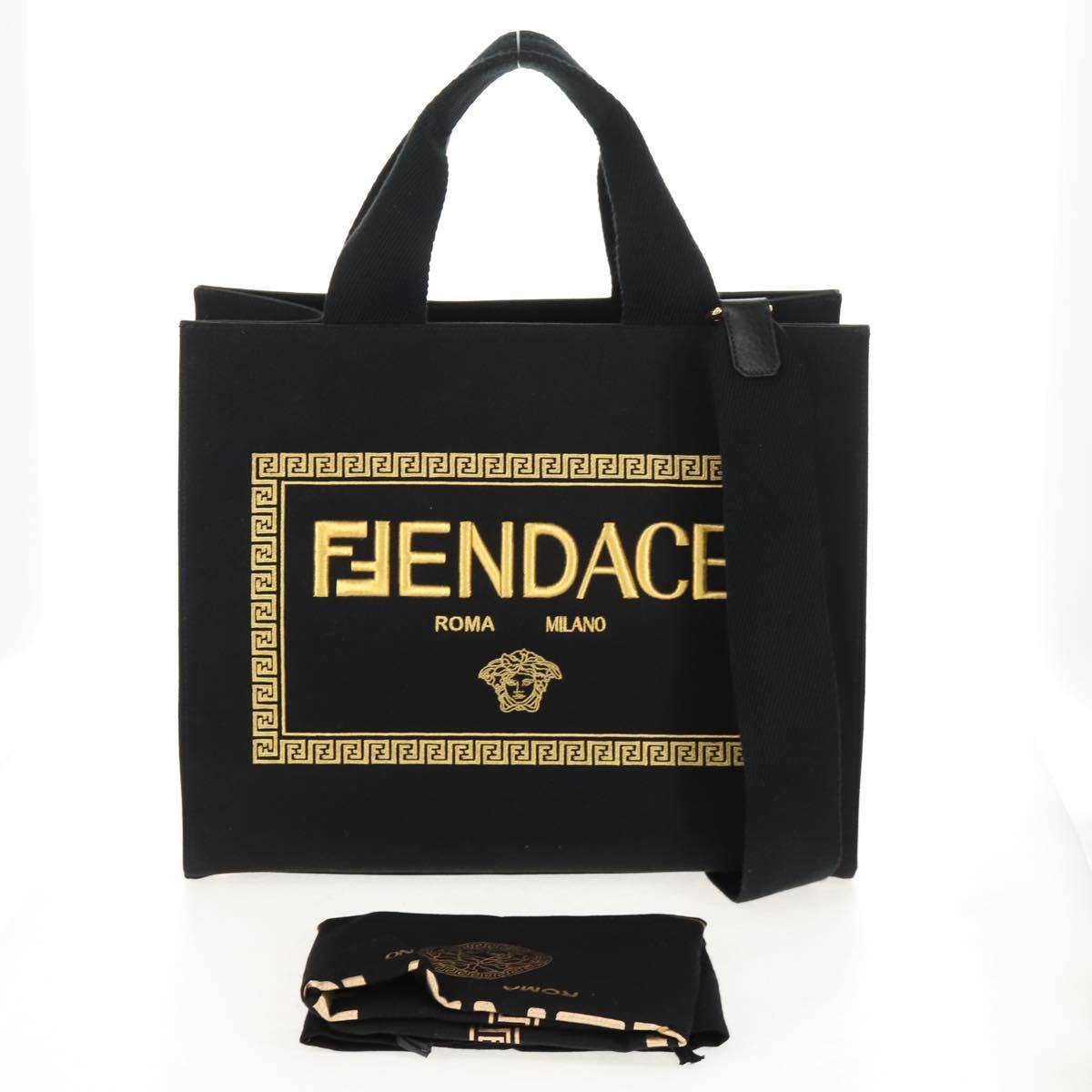 FENDI VERSACE Collaboration Tote Bag Canvas 2way Black Gold Auth BA6912M