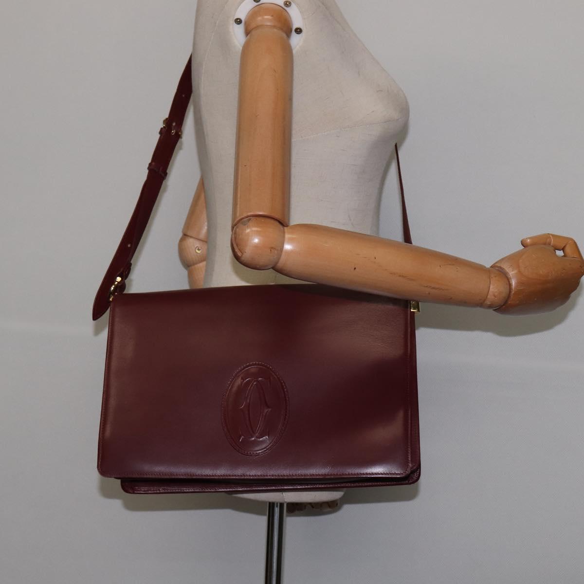 CARTIER Must Line Shoulder Bag Leather Bordeaux Gold Auth BA7015