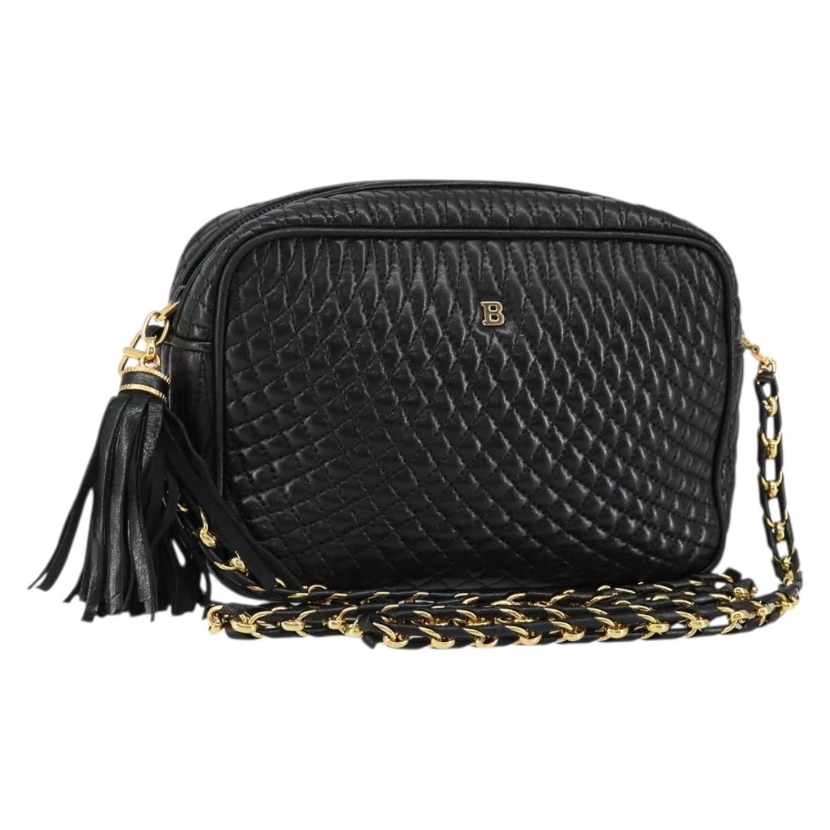 BALLY Chain Shoulder Bag Leather Black Gold Auth BA7021
