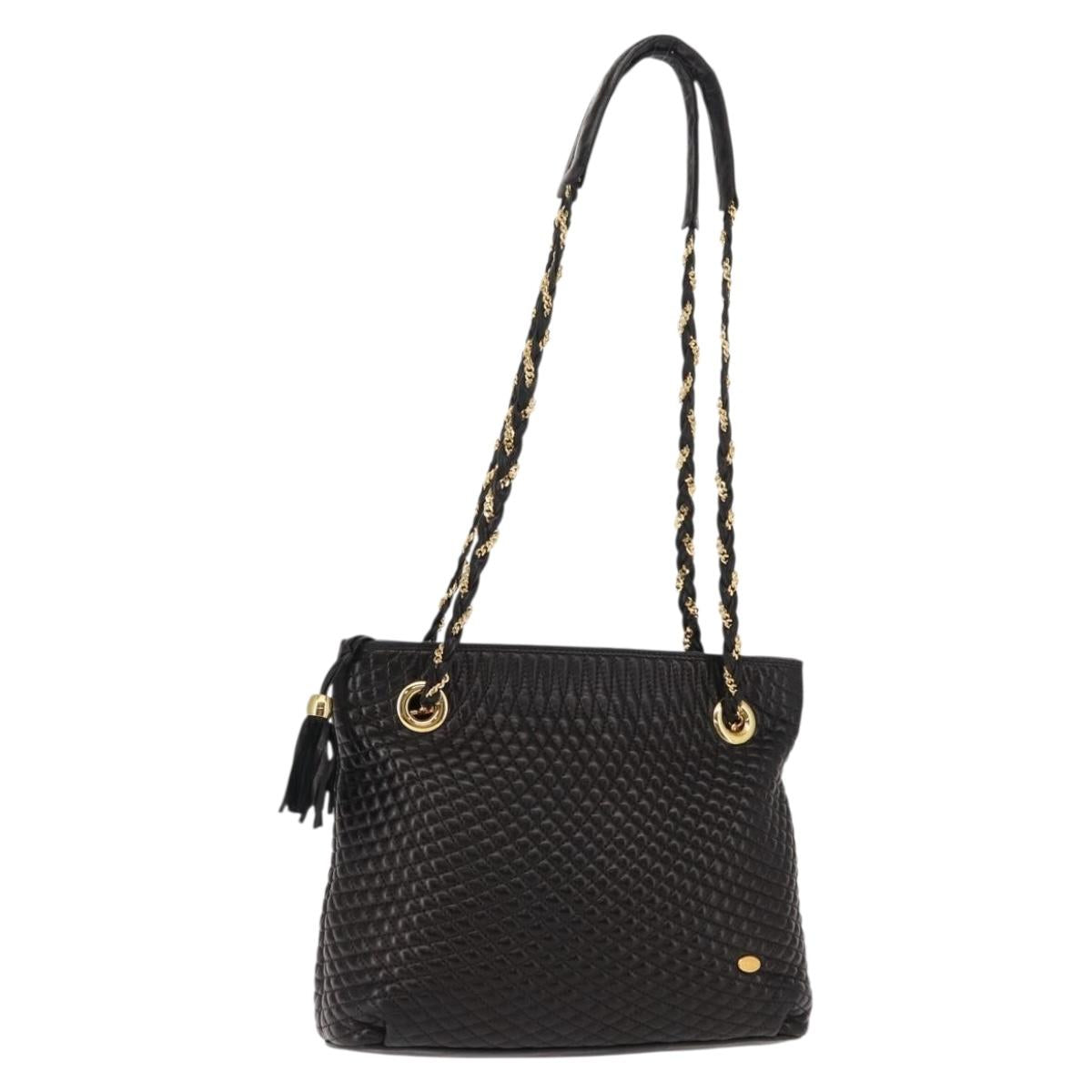 BALLY Chain Tote Bag Leather Black Gold Auth BA7022