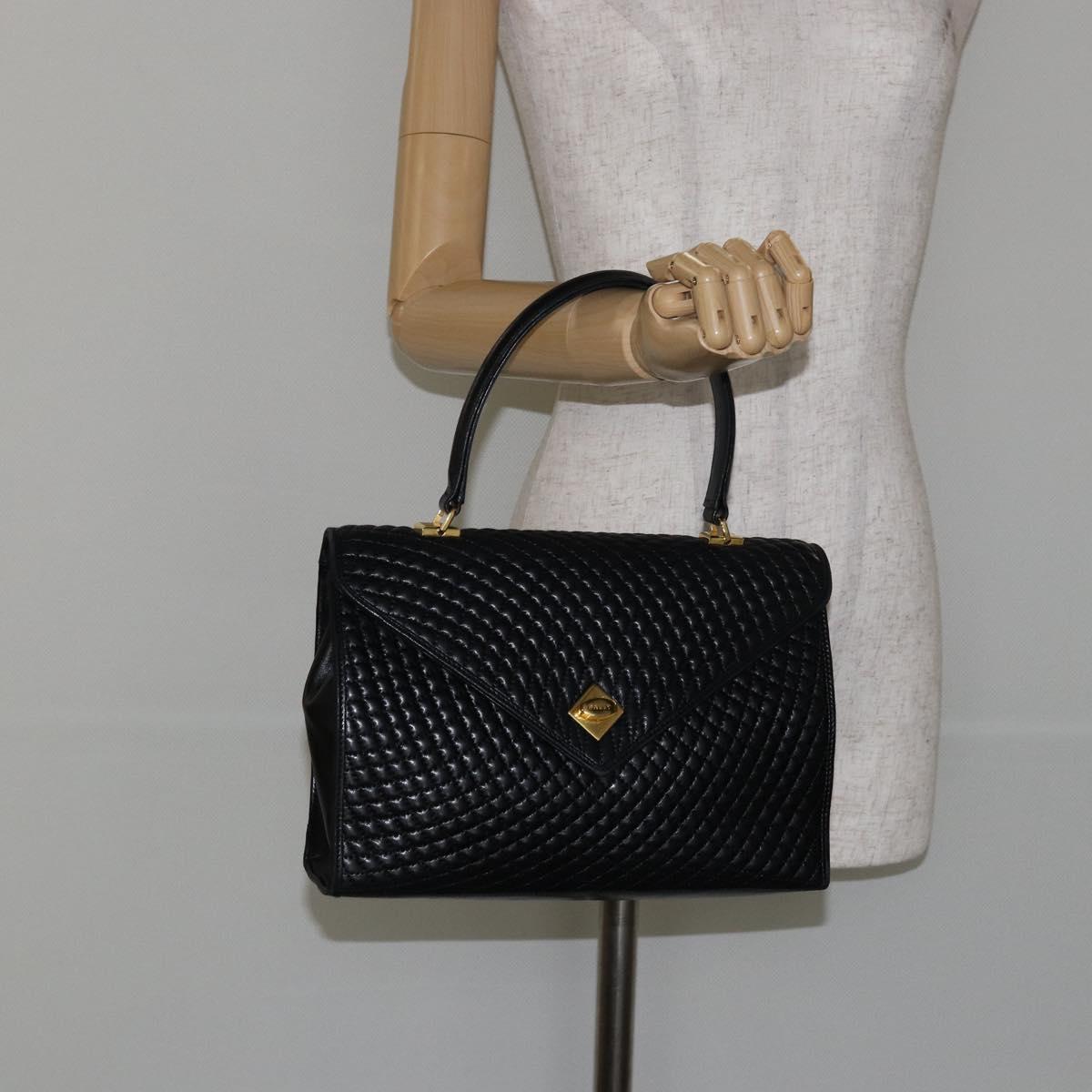BALLY Hand Bag Leather Black Gold Auth BA7023