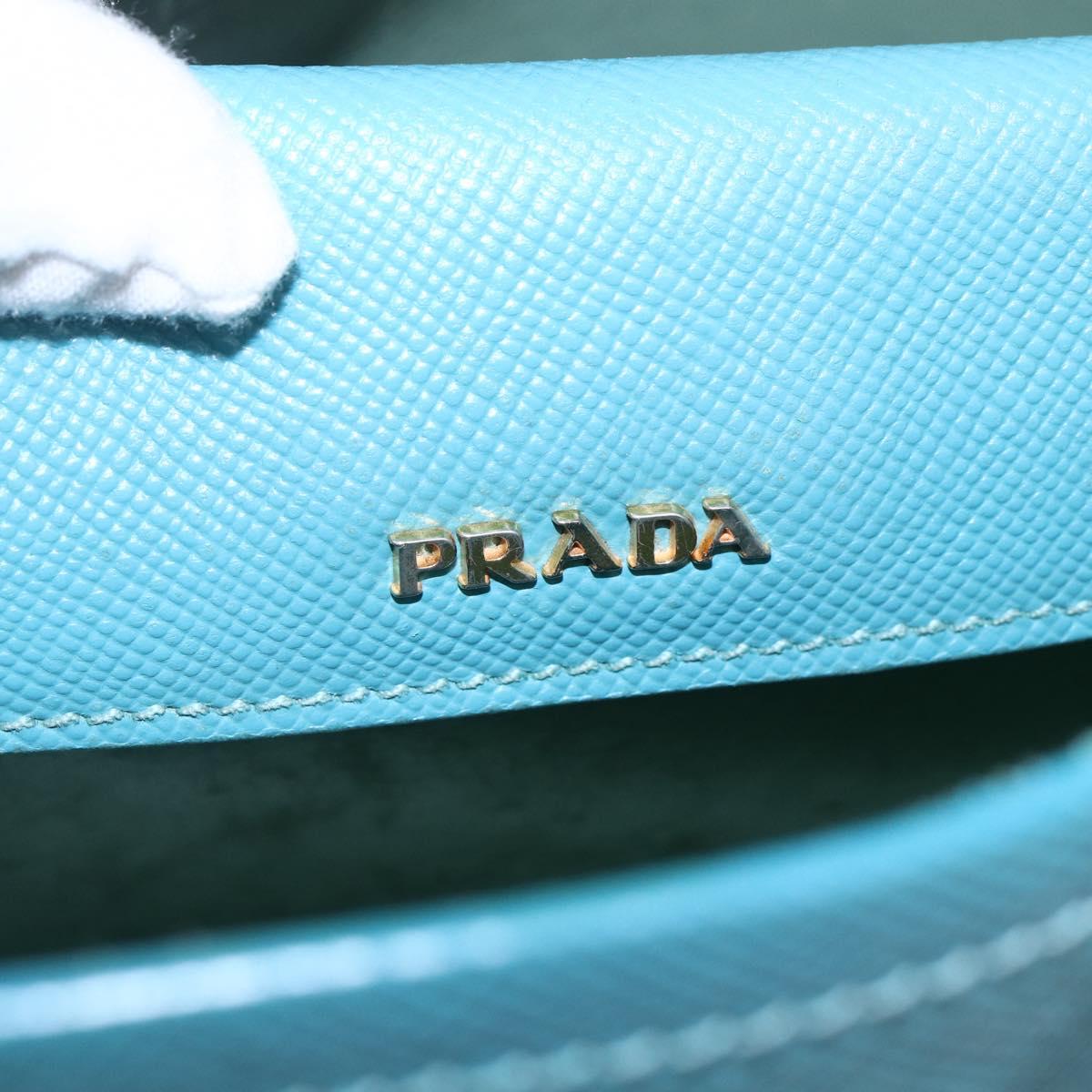 PRADA Hand Bag Leather 2way Turquoise Blue Gold Auth BA7027