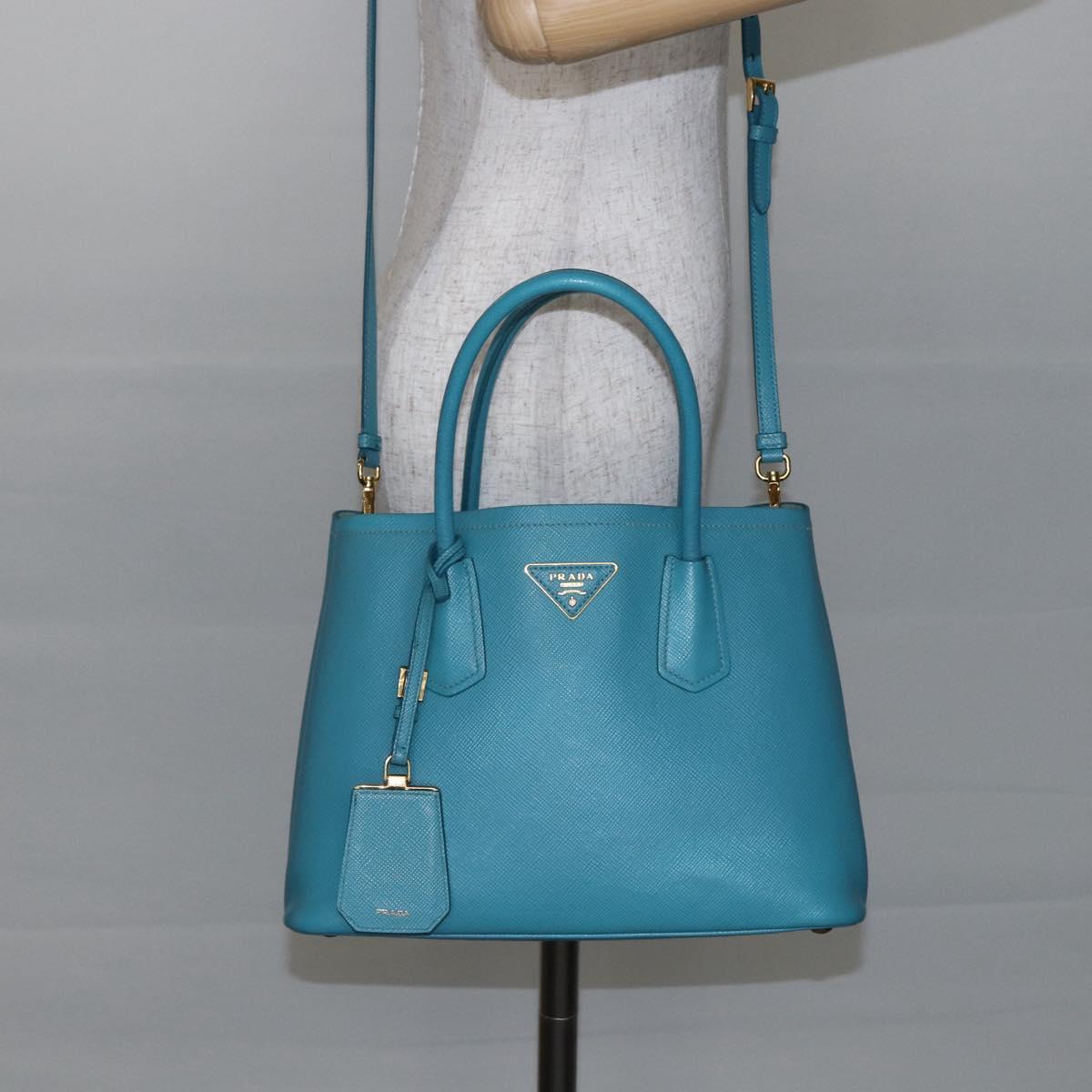 PRADA Hand Bag Leather 2way Turquoise Blue Gold Auth BA7027