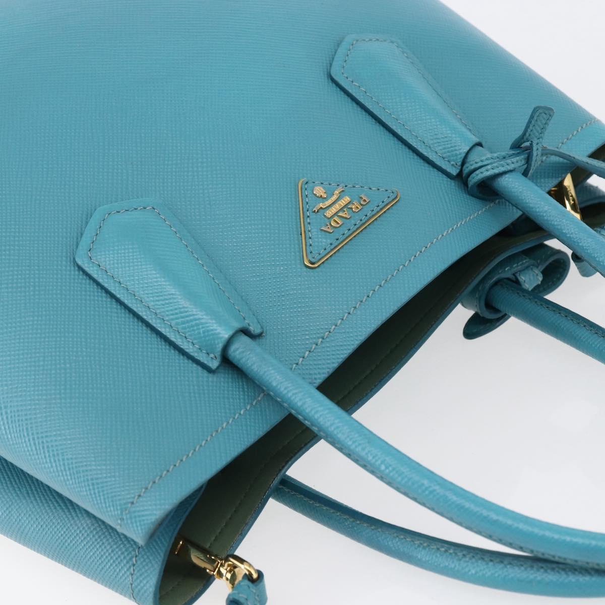 PRADA Hand Bag Leather 2way Turquoise Blue Gold Auth BA7027