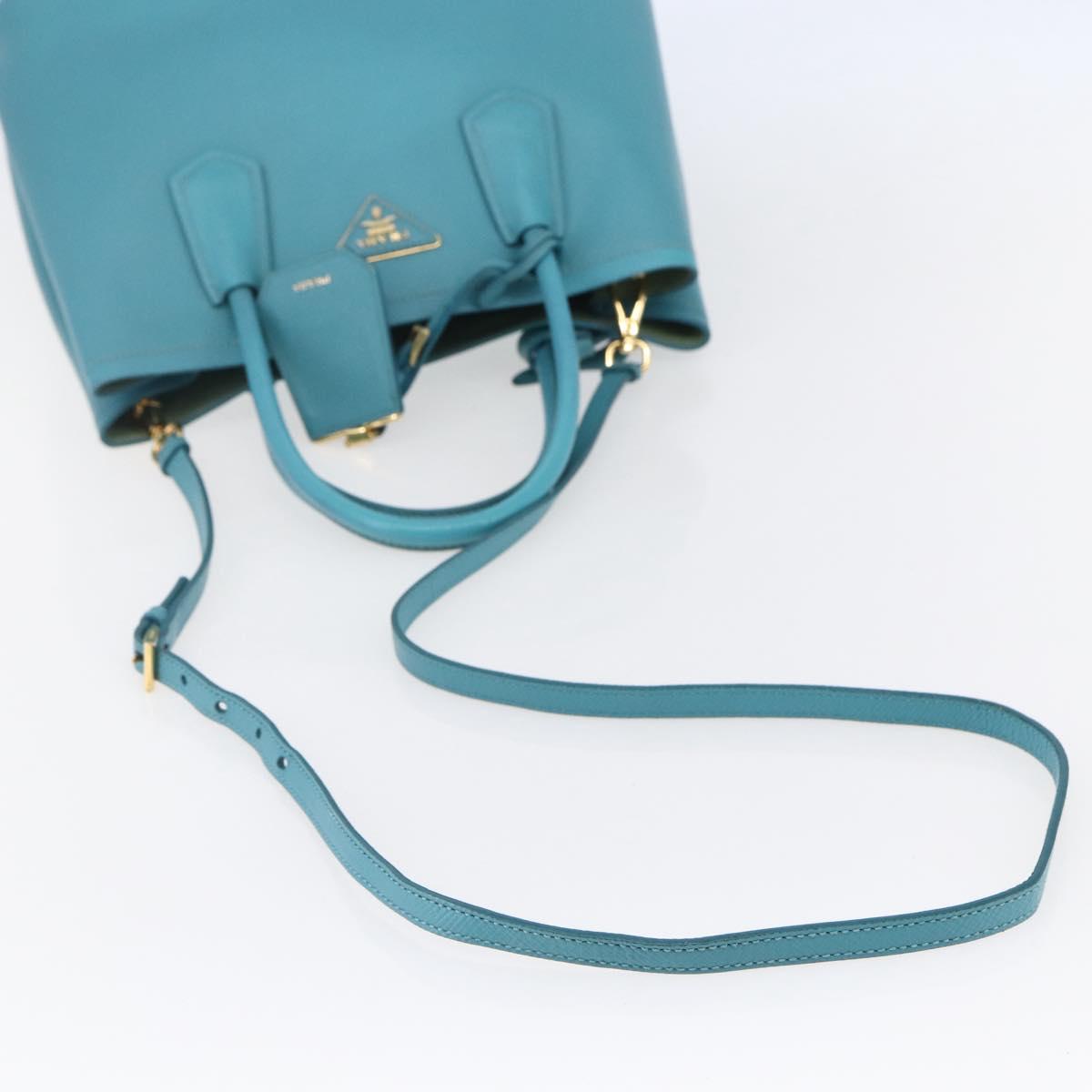 PRADA Hand Bag Leather 2way Turquoise Blue Gold Auth BA7027