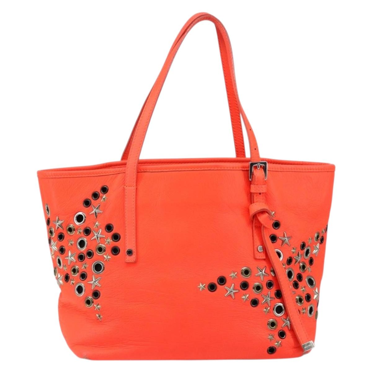 Jimmy Choo Studs Tote Bag Leather Orange Silver Auth BA7037
