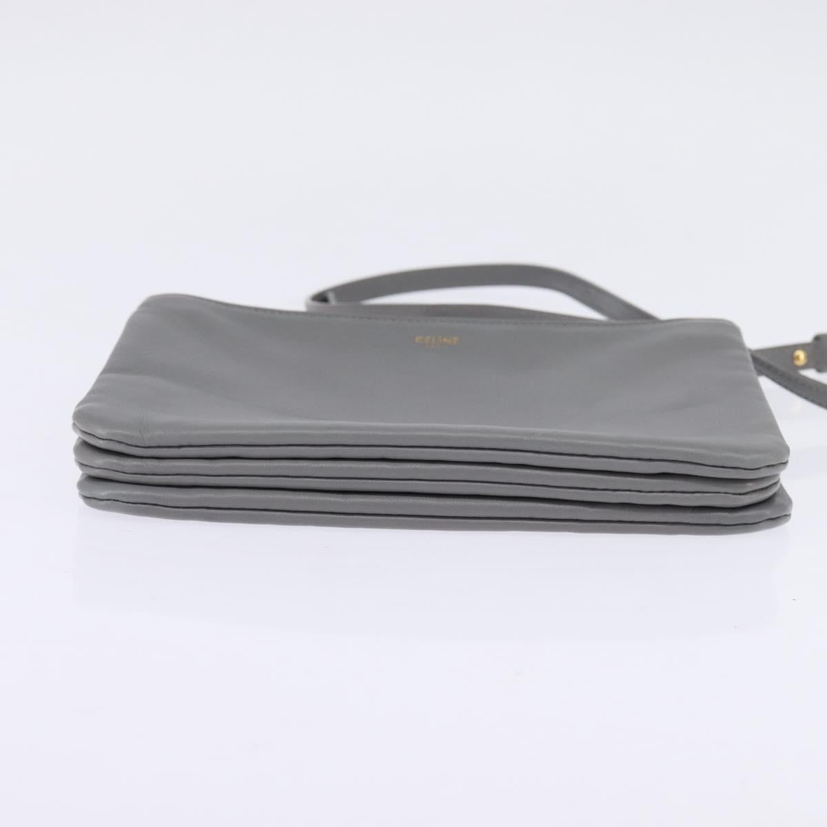 CELINE Trios Mall Shoulder Bag Leather Gray Gold Auth BA7046