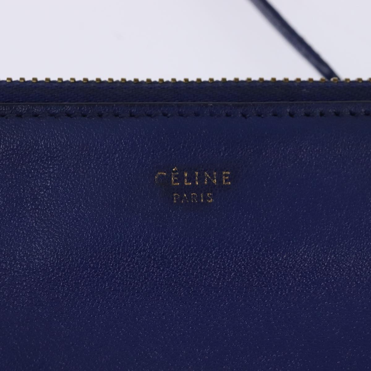 CELINE Trio large Shoulder Bag Leather Blue Gold Auth BA7048