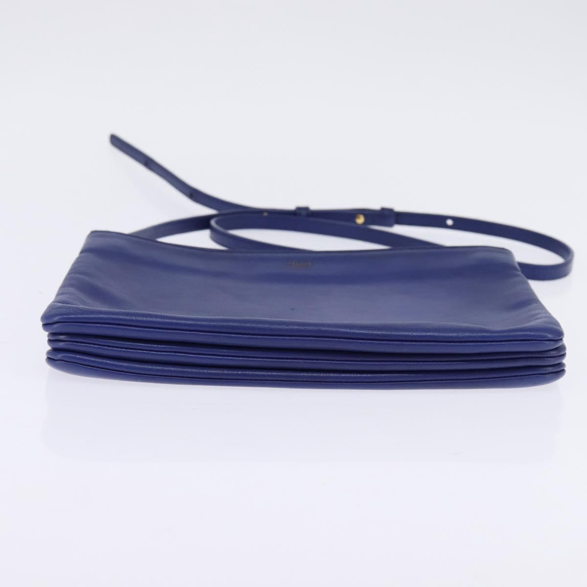 CELINE Trio large Shoulder Bag Leather Blue Gold Auth BA7048