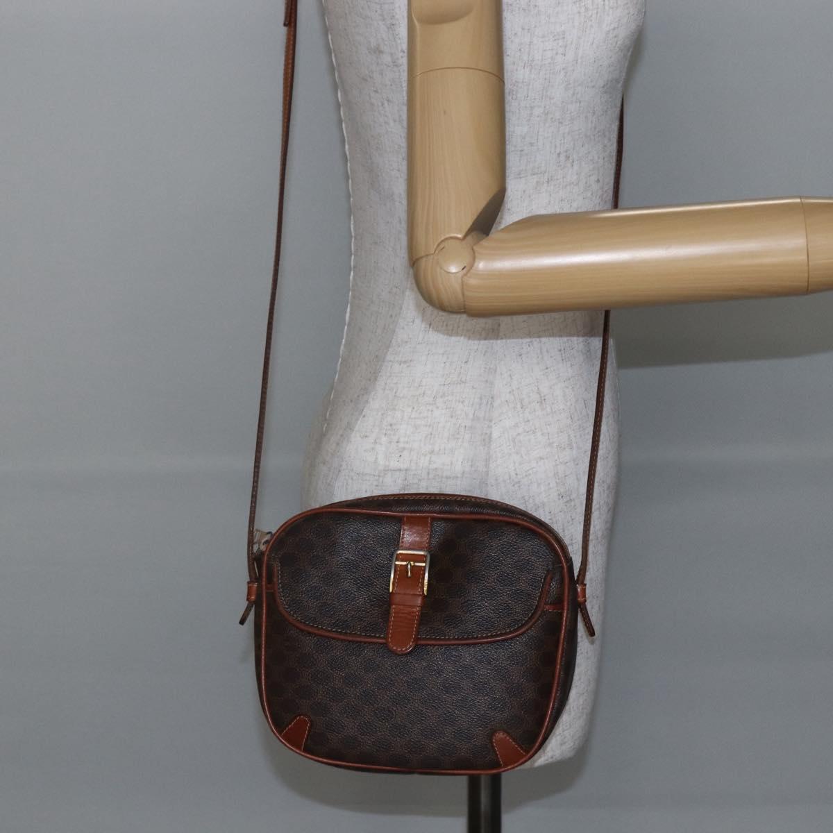 CELINE Macadam Canvas Shoulder Bag PVC Leather Brown Gold Auth BA7050