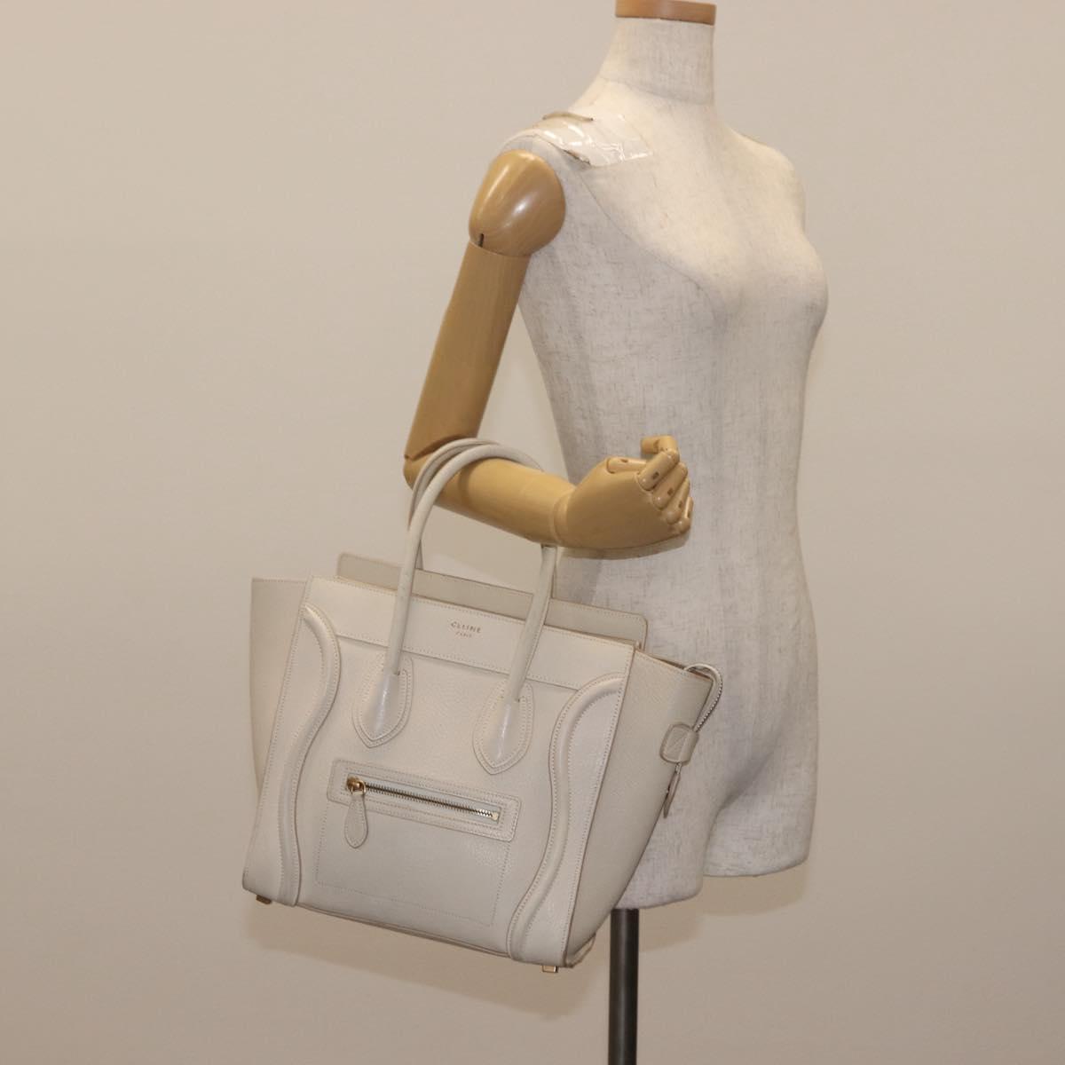 CELINE Luggage Micro Shopper Hand Bag Leather White Gold Auth BA7052