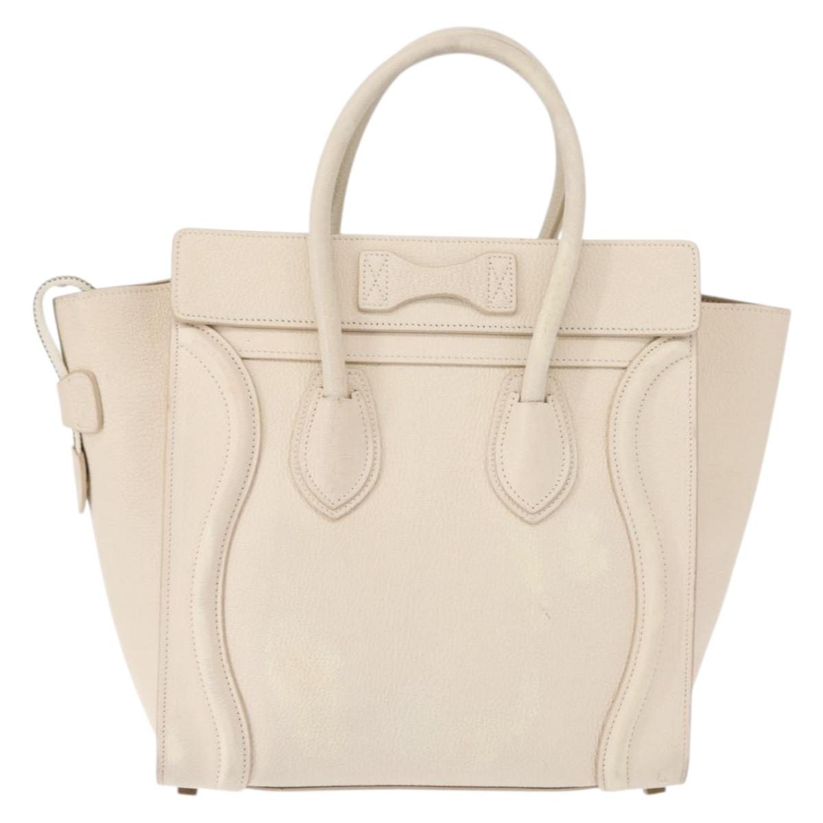 CELINE Luggage Micro Shopper Hand Bag Leather White Gold Auth BA7052