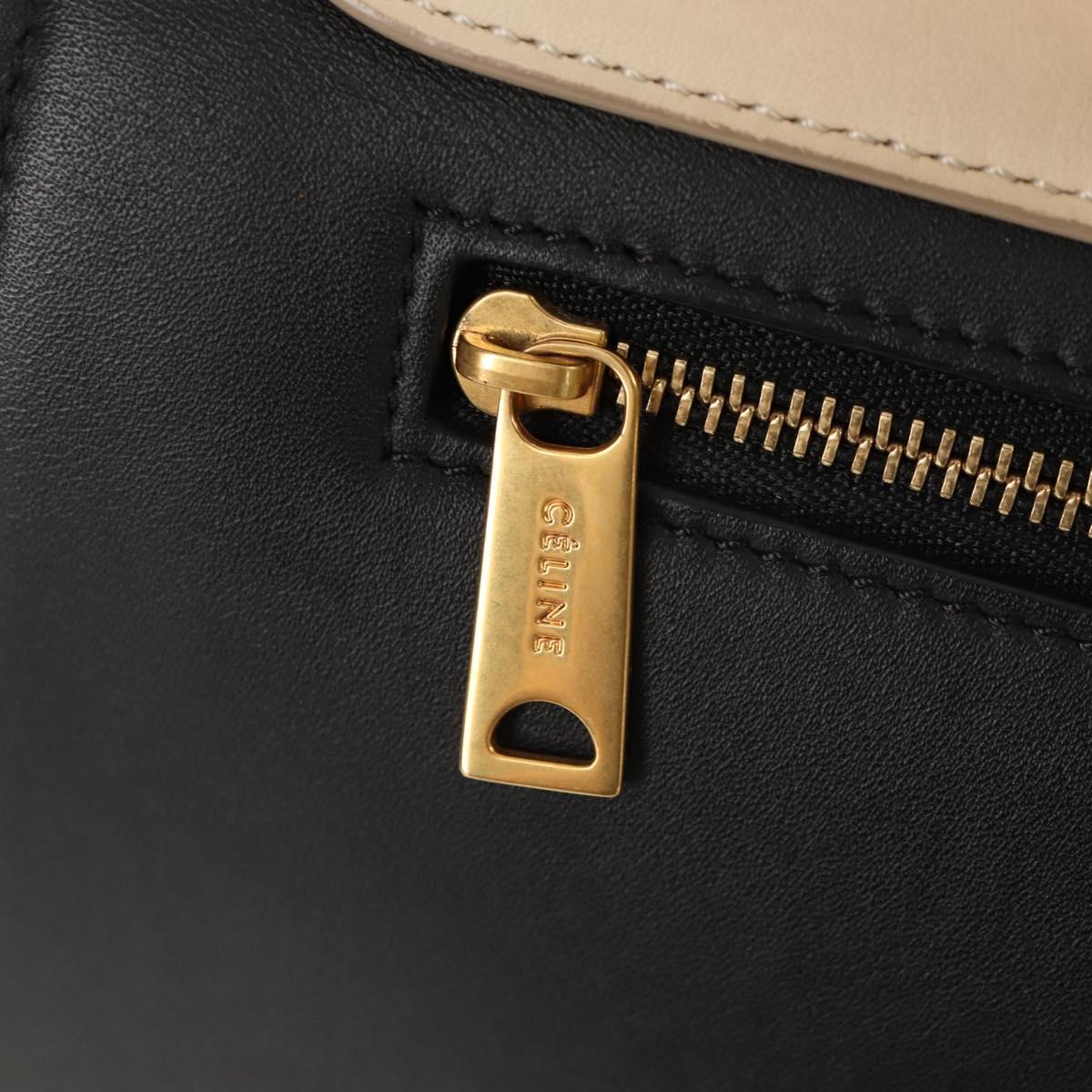 CELINE Trapeze Hand Bag Leather Suede 2way Beige Black gold Auth BA7053