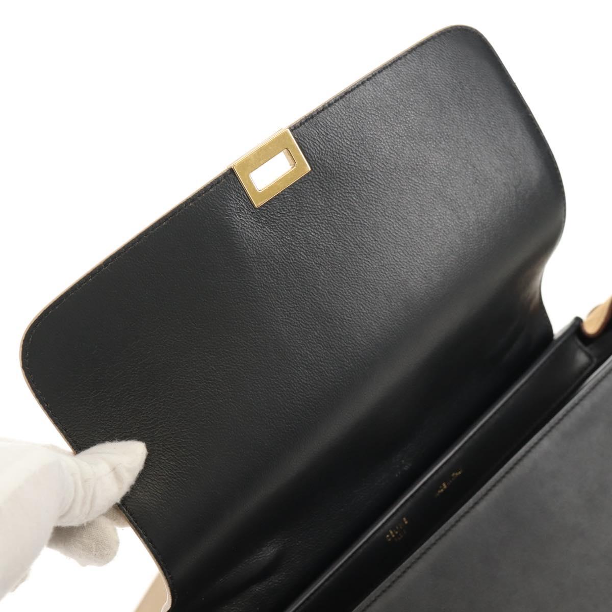CELINE Trapeze Hand Bag Leather Suede 2way Beige Black gold Auth BA7053