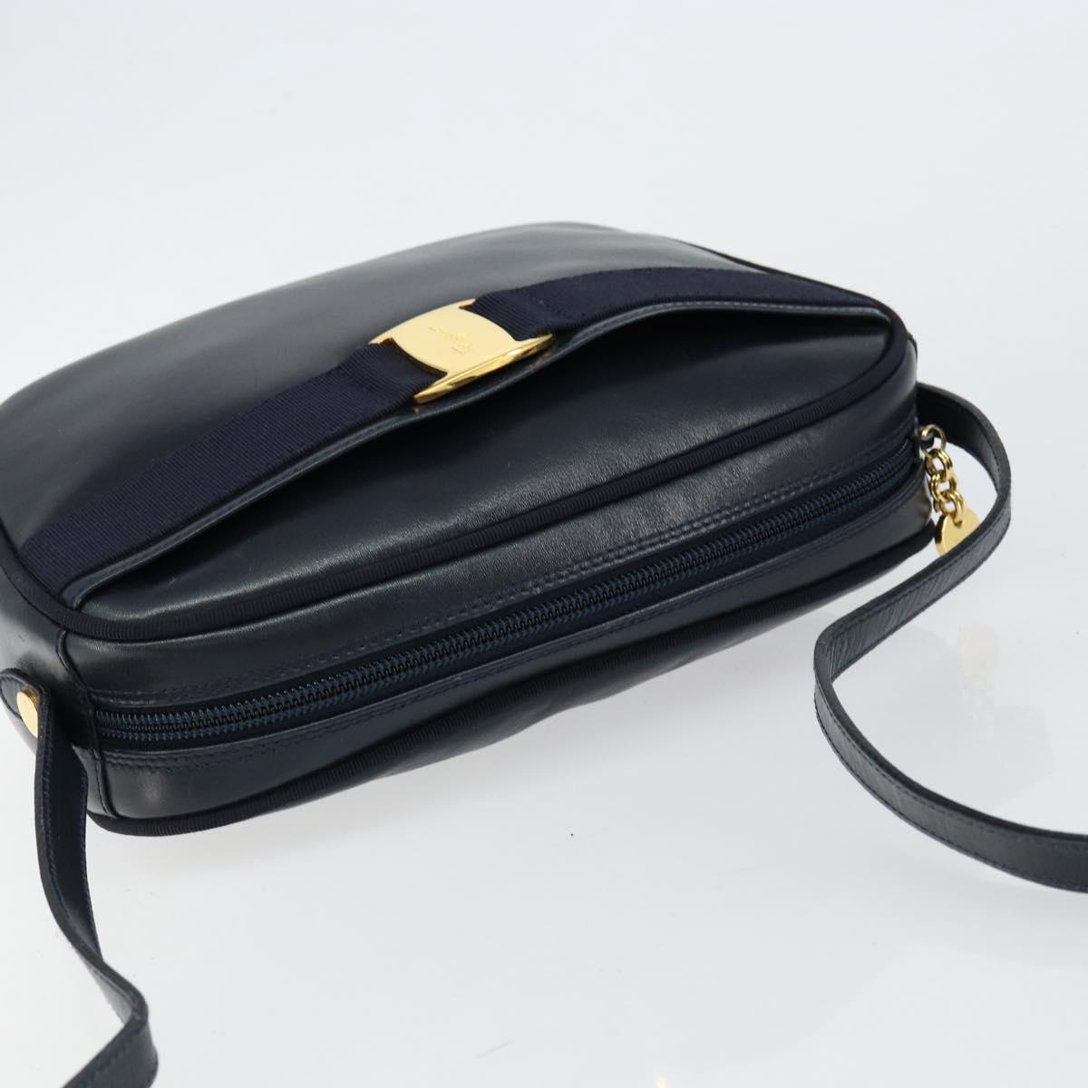 Salvatore Ferragamo Vala Shoulder Bag Leather Navy Gold Auth BA7059