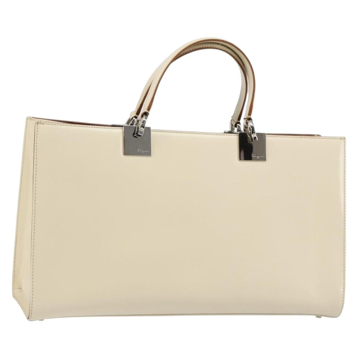 Salvatore Ferragamo Gancini Hand Bag Leather White Silver Auth BA7061