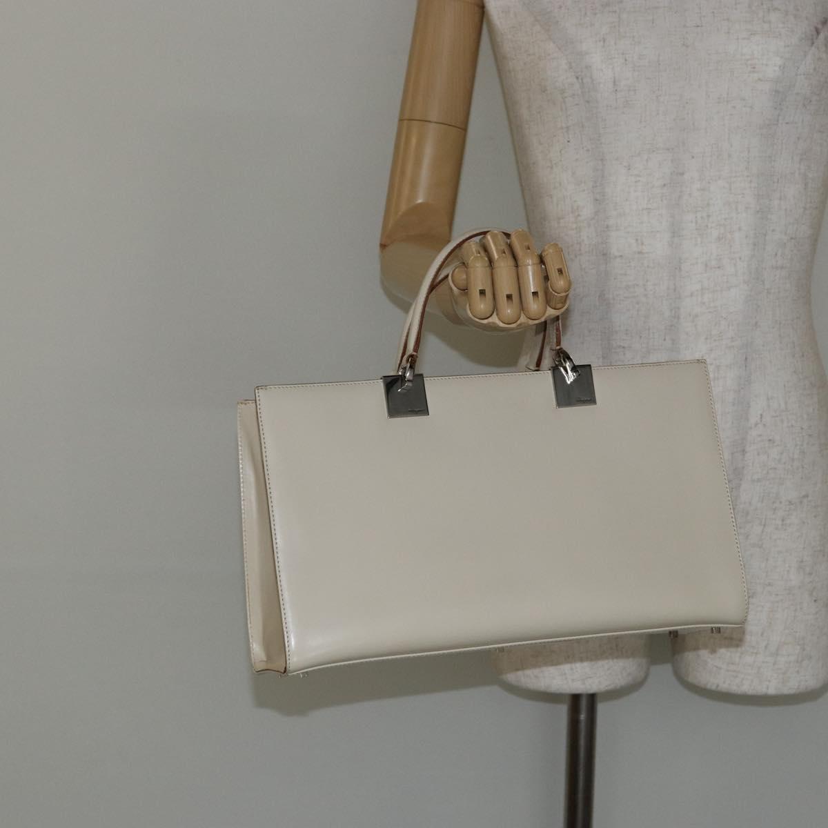 Salvatore Ferragamo Gancini Hand Bag Leather White Silver Auth BA7061