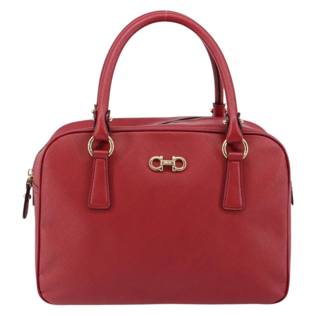 Salvatore Ferragamo Gancini Hand Bag Leather Red Gold Auth BA7062