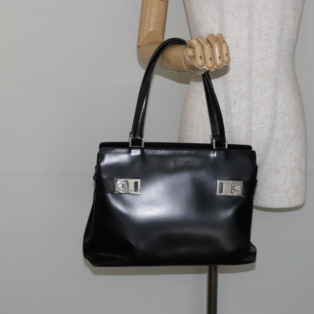 Salvatore Ferragamo Gancini Tote Bag Leather Black Silver Auth BA7066